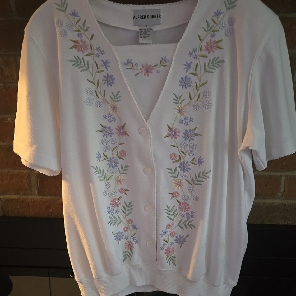 Alfred Dunner Pink and White Embellished Blouse with Notched Collar